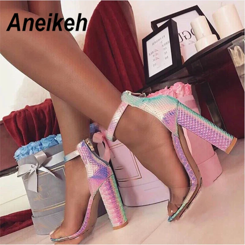 Aneikeh/ г.; милые прозрачные летние босоножки из ПВХ; женская обувь на молнии с закрытой пяткой на высоком квадратном каблуке; Узкие вечерние офисные туфли; цвет синий, розовый