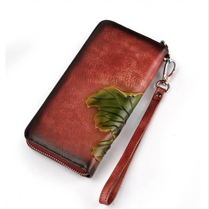 Vintage Women Wallet Genuine Leather Luxury Long Clutch Wristlet Printing Floral Female Card Holder Embossing Purse | Багаж и сумки