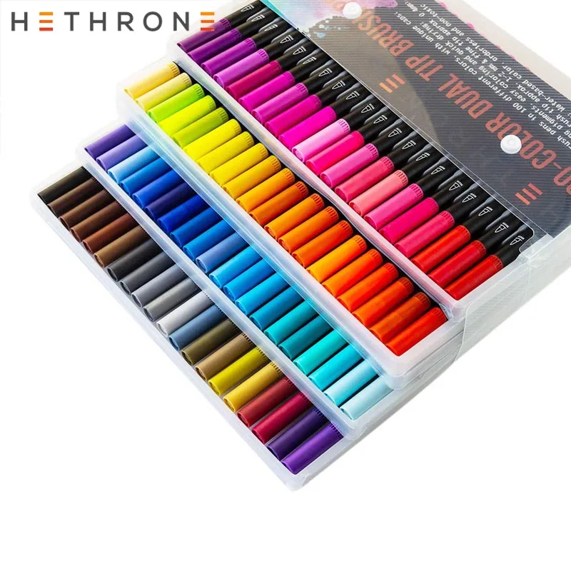 Hethrone 100 цветная ручка FineLiner, ручка для рисования, акварельные товары для рукоделия, фломастеры, двойные кончики, кисть, граффити, наборы, подарок
