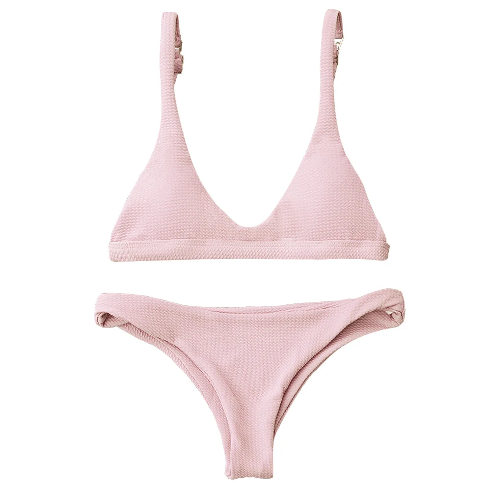 Pink ZAFUL бикини для женщин, новинка, с высоким вырезом, с глубоким декольте, комплект бикини, с низкой талией, без косточек, с глубоким вырезом, Одноцветный купальник, купальники, Biquni - Цвет: Pink