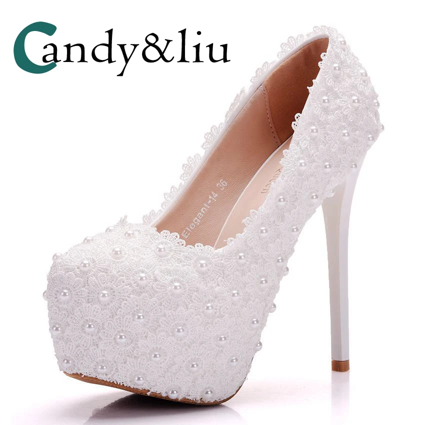 

White Lace Wedding Shoes Pear Beaded Large Size Super High Heel Round Toe Women Pumps with Platform for Party Banquet Bridesmaid