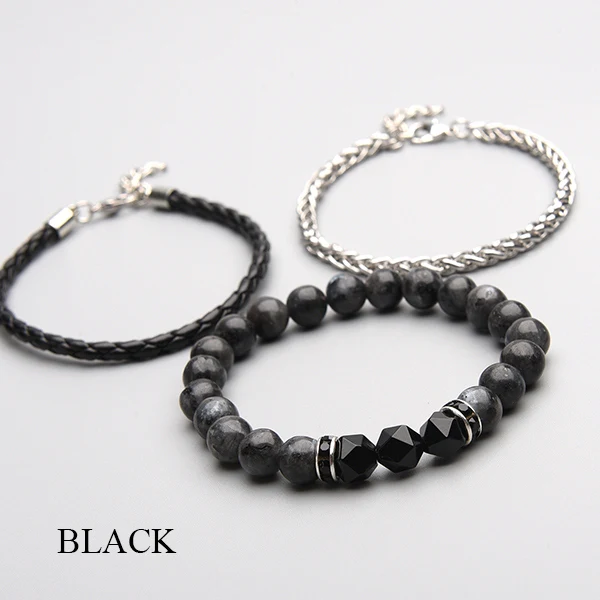 Black Мужской браслет, 3 шт./лот, набор, ручная работа, сделай сам, микс из натурального камня, классические бусы из натуральной кожи и нержавеющей стали, цепочка, новинка - Окраска металла: Black
