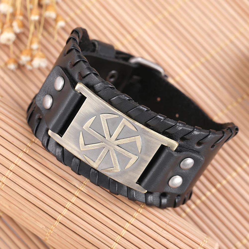 Teamer черный широкий кожаный славянский амулет Sun Wheel талисман бижутерия