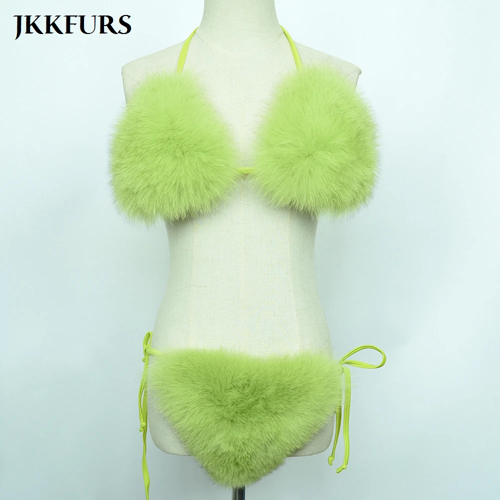 2019 новые модные женские бикини с натуральным лисьим мехом бюстгальтер летнее
