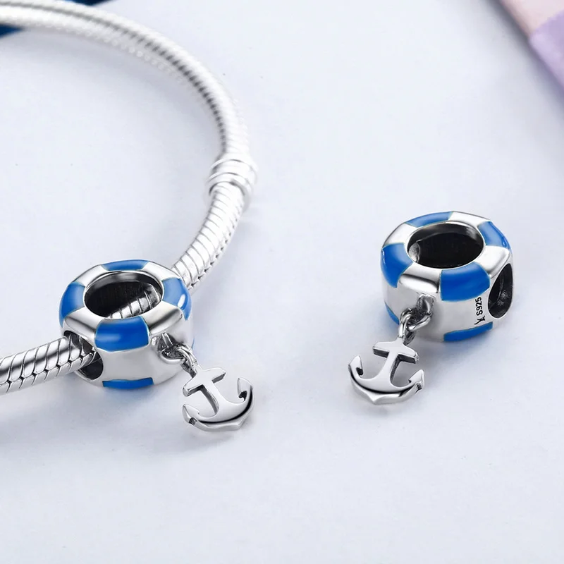 VEAMOR Authentic 925 Sterling Silver Blue Enamel Life Buoy &amp Anchor Dangle Charms Beads Fit Pandora Bracelets DIY Jewelry Making |