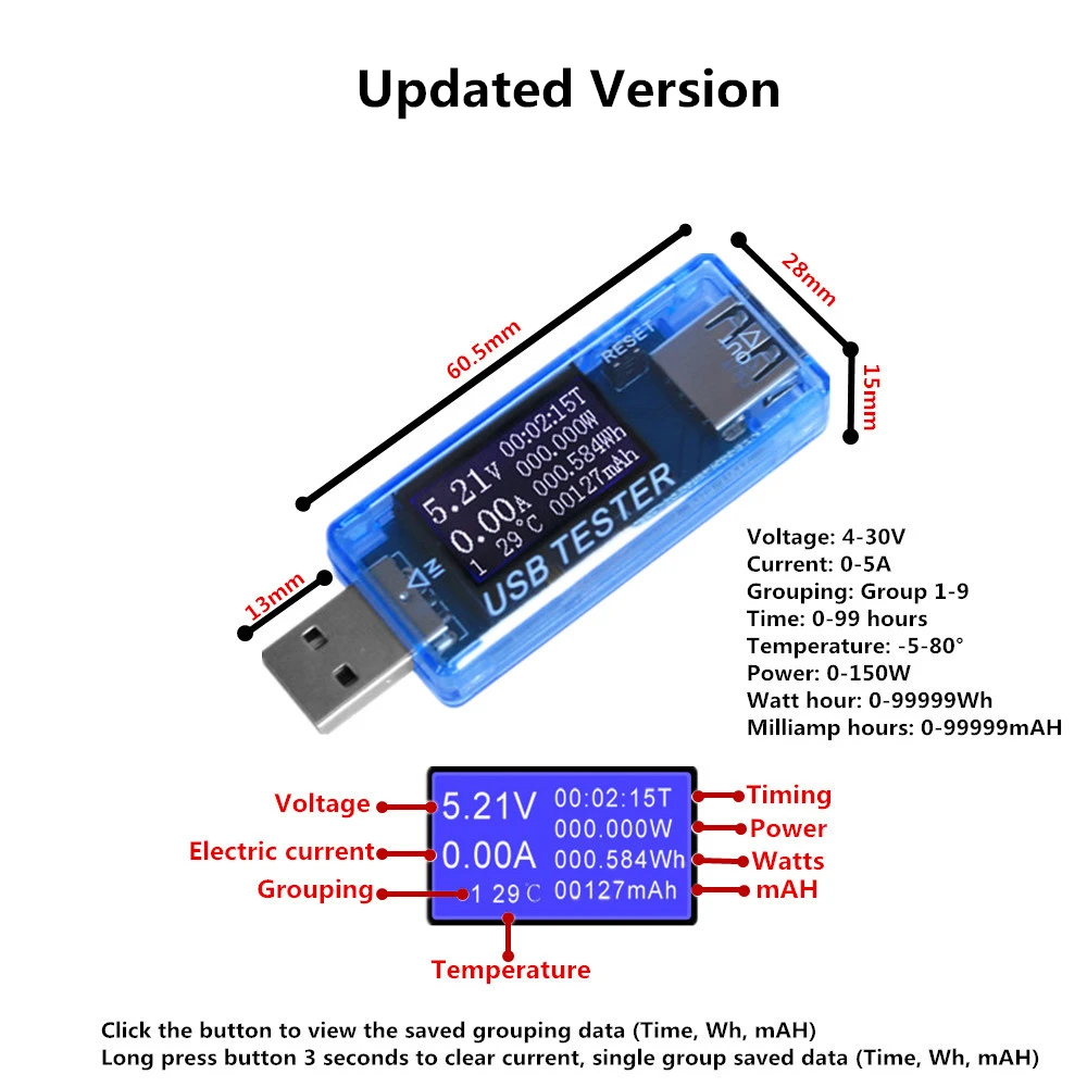 8 в 1 USB монитор детектор тестер емкость Напряжение Ток время мощность температура