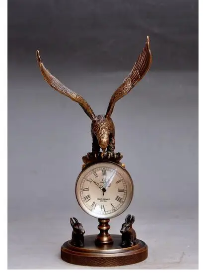 Healing EEagle sculpture mechanical clock table watch Statue Copper Animal Year Lucky Garden Decoration 100% real Brass Bronze