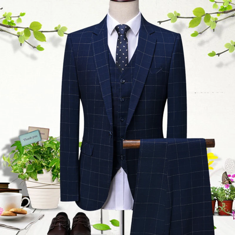 Мужской облегающий костюм в синюю клетку свадебный для жениха смокинг