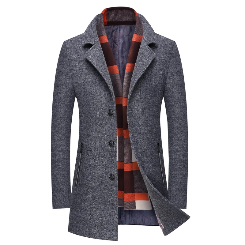 

More fashionable high quality men's men's scarf collar wool woolen cloth coat lapels trench coat in the men's long