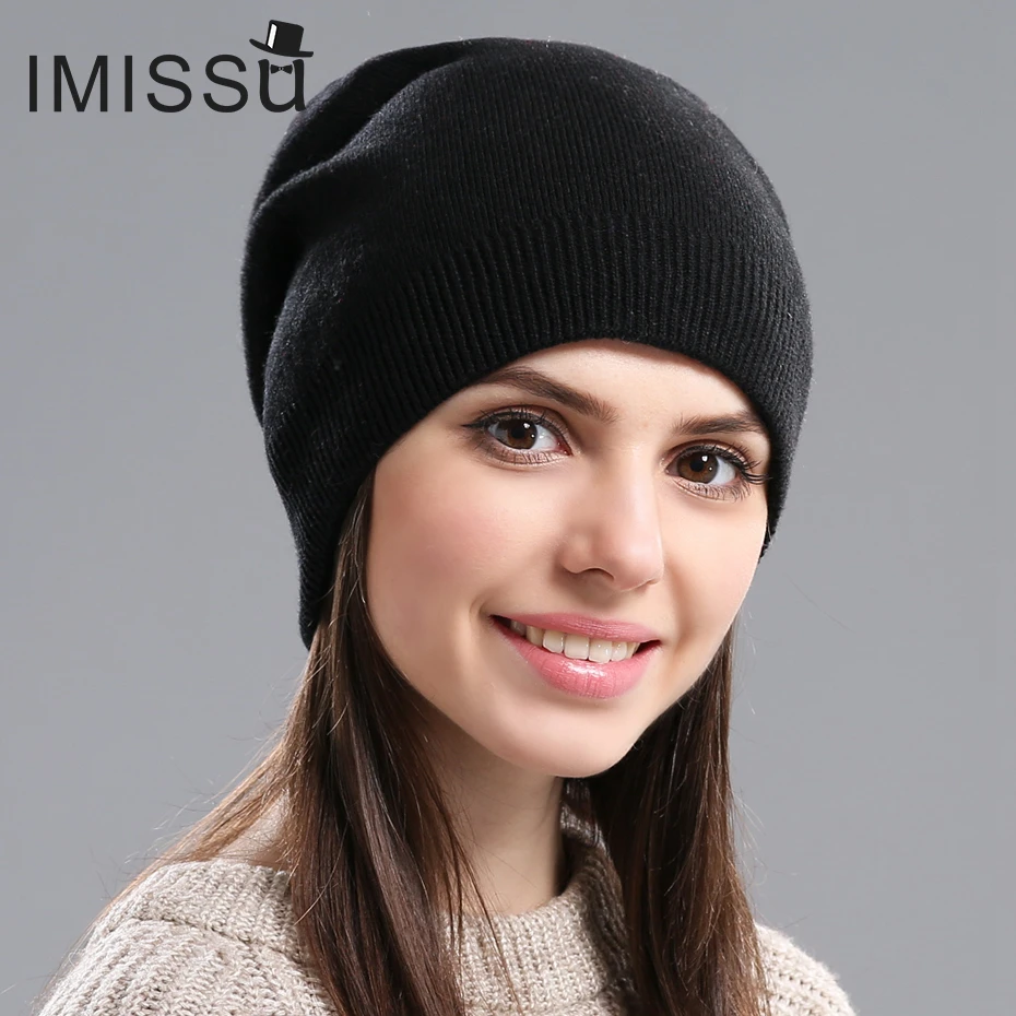 IMISSU Осень Зимние Шапки Мужская Трикотажные Настоящее Шерсть Skullies Повседневная
