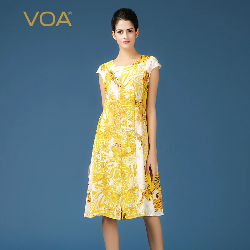 VOA 2020 весна лето жёлтое плюс размер принт Высокая талия тонкое платье тяжелый