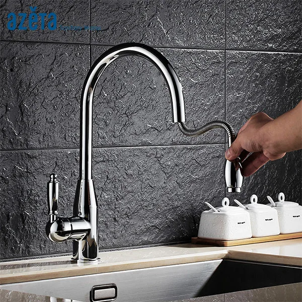 

Azeta Deck Mounted Kitchen Faucet Pull Out Kitchen Tap Chrome Brass Kitchen Faucet Single Hole Handle Kitchen Mixer Tap MK9834C