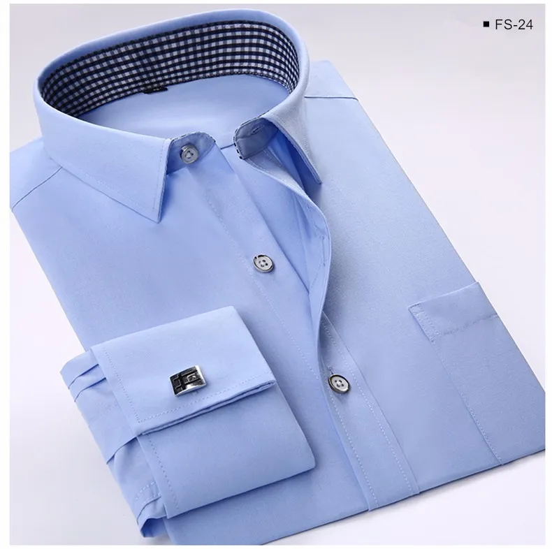 FS24 Pure Light blue Мужские французские рубашки запонки новые мужские рубашки формальные мужские рубашки с длинным рукавом приталенные качественные брендовые французские рубашки с манжетами 4XL - Цвет: FS24 Pure Light blue