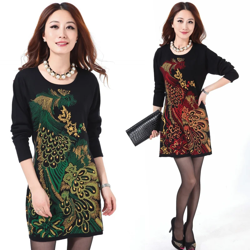 2016 Fashion Woman Sweater Long sweate dress vintage big size animal print phoenix plus women clothing pullover red green | Женская