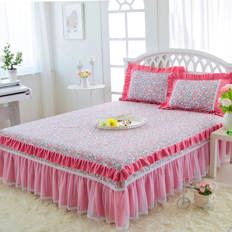 ROMORUS 3-Piece/Set Princess Lace Bed Skirt Set Pure Cotton Soft Sheet Quality Bedspread for Girls King Queen Full Twin Size | Дом и сад