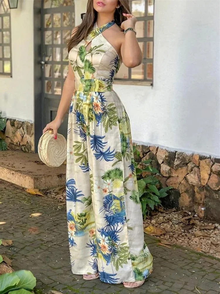 2020 Summer Women Elegant Sexy Leisure Jumpsuit Female V-Neck Vacation Casual Romper Crisscross Halter Tropical Print Jumpsuits