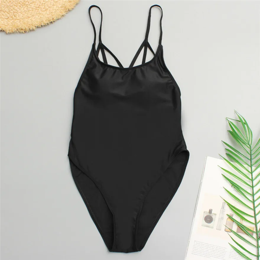 Женский цельный купальник бикини с пуш ап принтом однотонный черный открытой