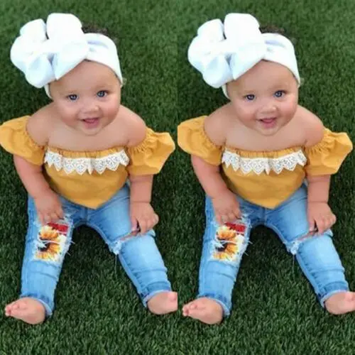 2 шт. кружевная футболка с открытыми плечами и рваные брюки розами | Мать ребенок