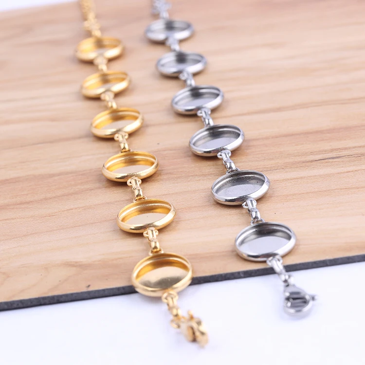reidgaller 2pcs Stainless Steel gold plated bracelet blanks fit 10mm cabochon base settings diy bracelets bangle bezel findings