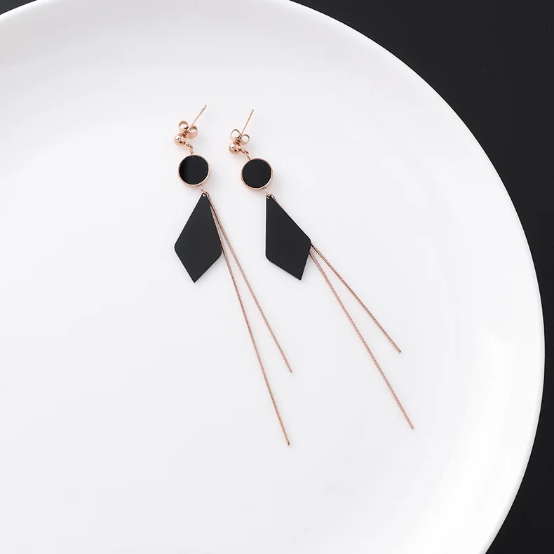 New Listing Geometric Titanium Steel long Tassel Girl Earrings gold Stainless Steel Triangle leaf Girl Black Jewelry Earrings 1