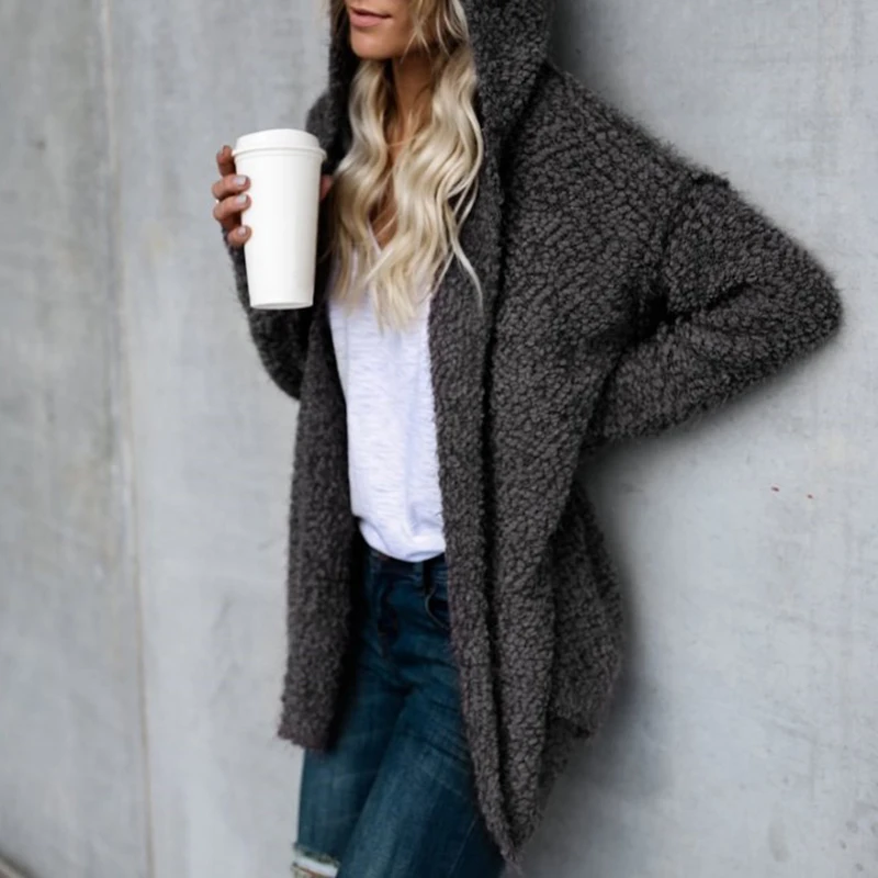 2019 Новое Женское пальто пушистое длинное с капюшоном карманами зимняя теплая