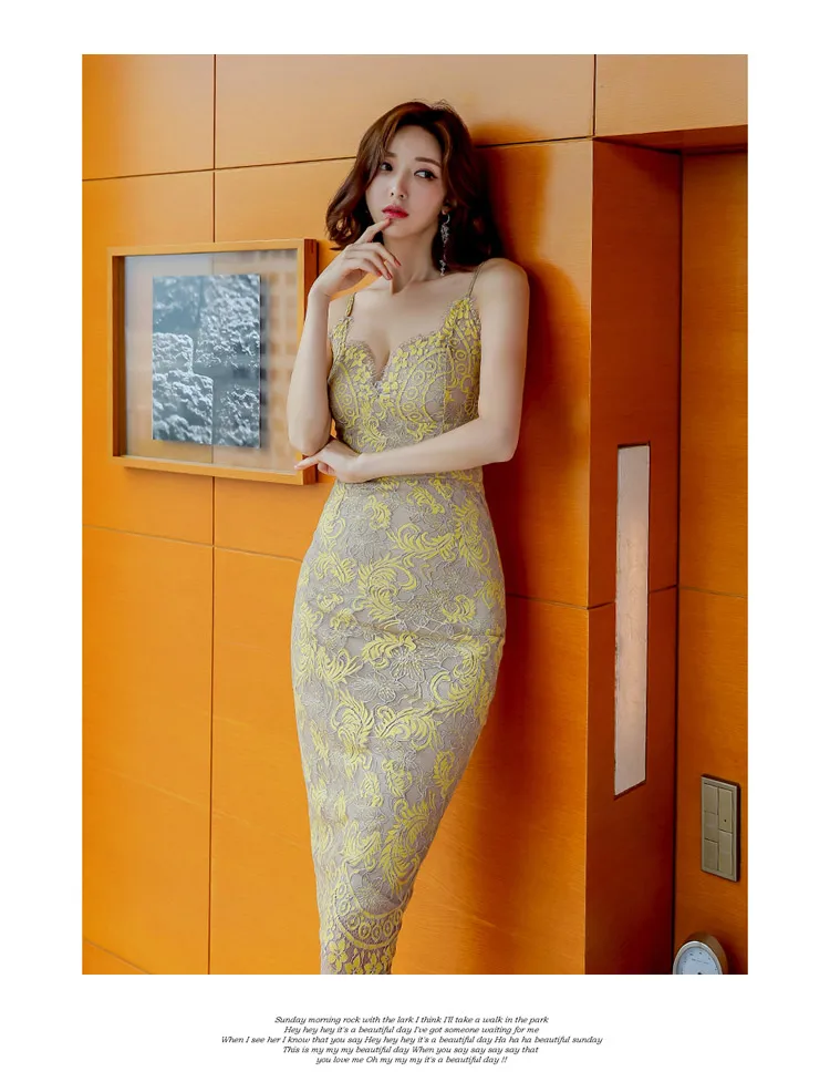 Sexy Embroidered Floral Lace Dresses Women Spaghetti Strap V-neck Bodycon Dresses Office Lady Lace Midi Dress M19071122