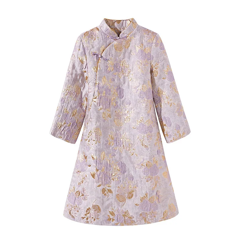 Winter Women Jacquard Flower Cheongsam Elegant Cotton Mini Evening Dress Vintage Improved Long Sleeve Qipao Vestidos S M L XL
