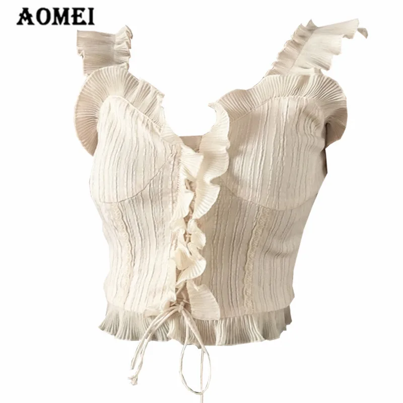 Женские пикантные Короткие топы с оборками жилет на завязках летние тонкие