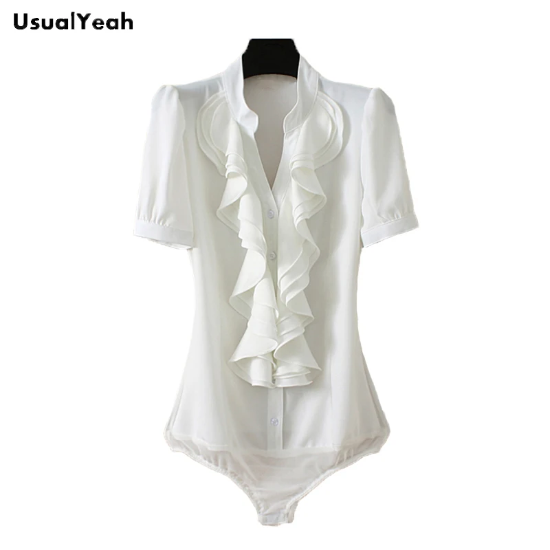 

On Sale! Women Short Sleeve Body Shirt Ruffles Blouse Fashion Office Shirts V-Neck Chiffon Summer Tops Beige