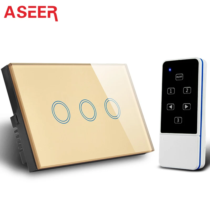 Gold Light Switch Умный дом 3 банды беспроводной светильник 600 Вт, RF 433 МГц пульт дистанционного управления, стандарт США/Австралии Черный Кристалл Стекло сенсорный настенный выключатель 220 В - Цвет: Gold Light Switch