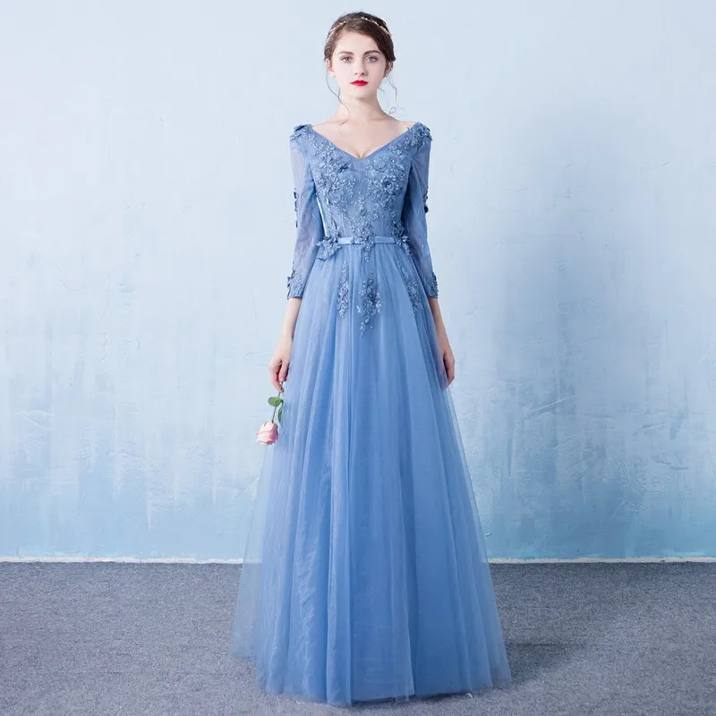 

V-Neck Long Elegant Party Dresses Long Sleeve Beaded Dress Ball Gown Long Tulle Onepiece robe de soiree Party Gown Z0206
