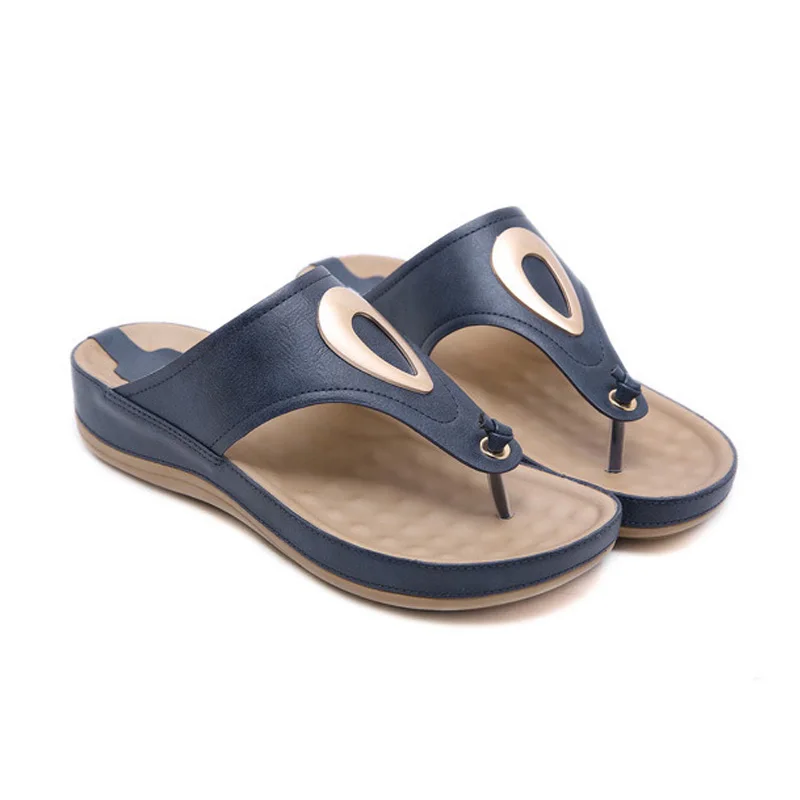 

BEYARNEMetal Decoration slipper wedge thick bottom plus size Slides Med Wedges Flip Flops Casual slides creeper platform large