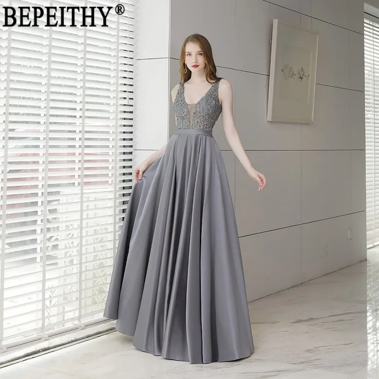 BEPEITHY, vestido de festa, дизайн, v-образный вырез, аппликация бисером, женское Длинное нарядное платье, вечерние платья - Цвет: Серый