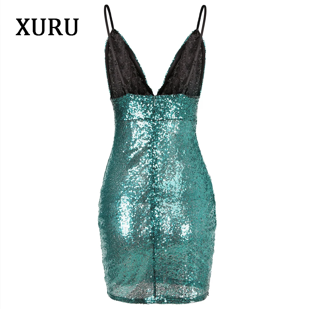 

XURU Sexy V-neck Sequin Women Dress Spaghetti Strap Sleeveless Backless Mini Dresses Party Club Dress For Womens