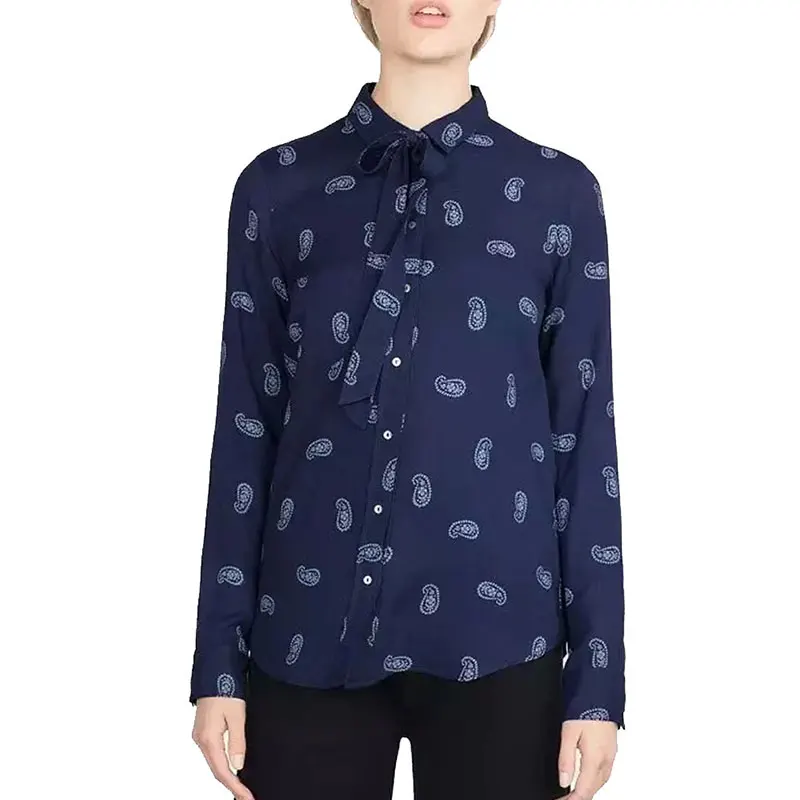 Women paisley print long sleeve blouses navy office vintage shirts turn-down collar bow tie blusa feminina casual tops .27 |