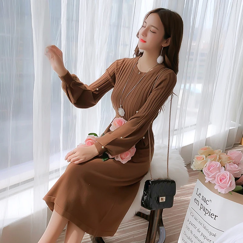 Новинка 2020 осенне зимнее платье вязаное плиссированное с длинными рукавами