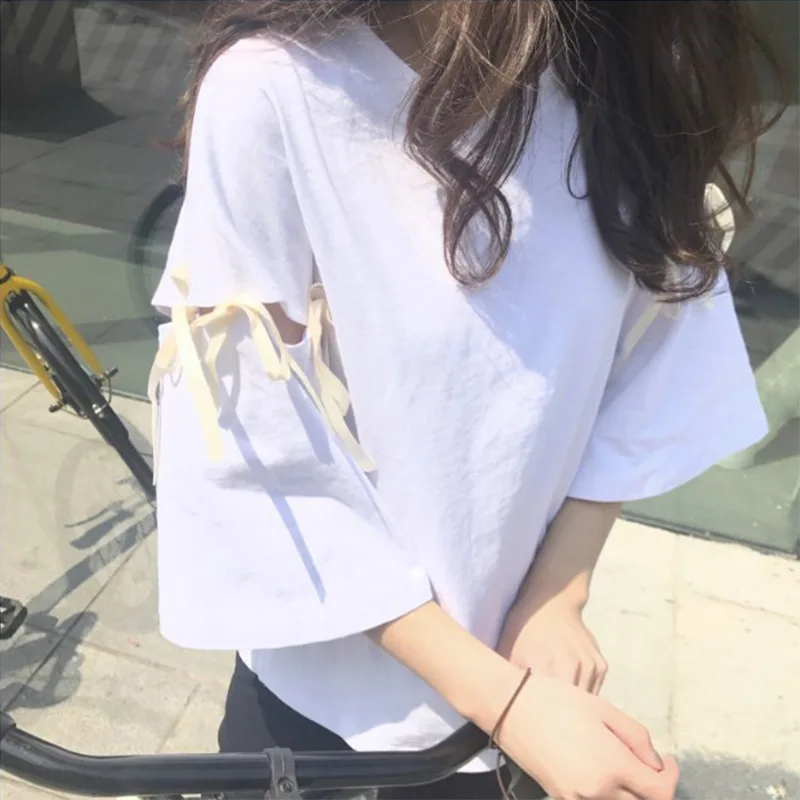 Футболки для девочек Новинка лета 2019 свободная женская футболка с вырезами и