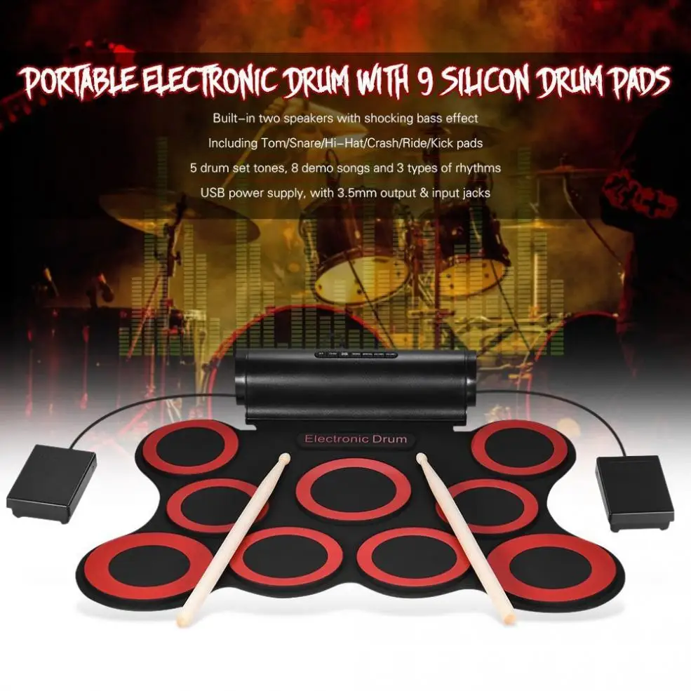 9 подушечек электронный свернутый силиконовый MIDI барабан двойные колонки стерео Электрический барабанный комплект с барабанными палочками и поддерживающими педалями