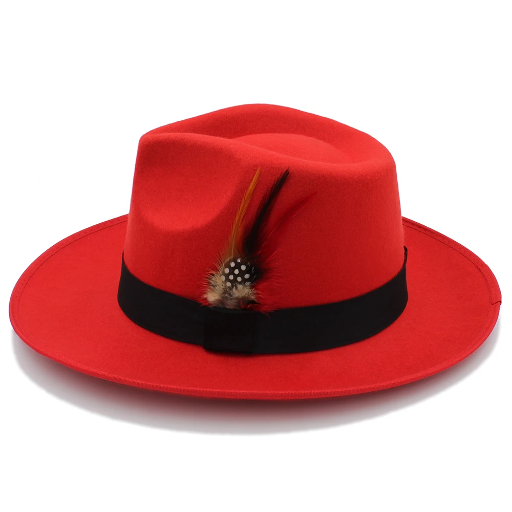 Шляпа трилби в стиле ретро унисекс шерстяная Федора с лентой черными перьями