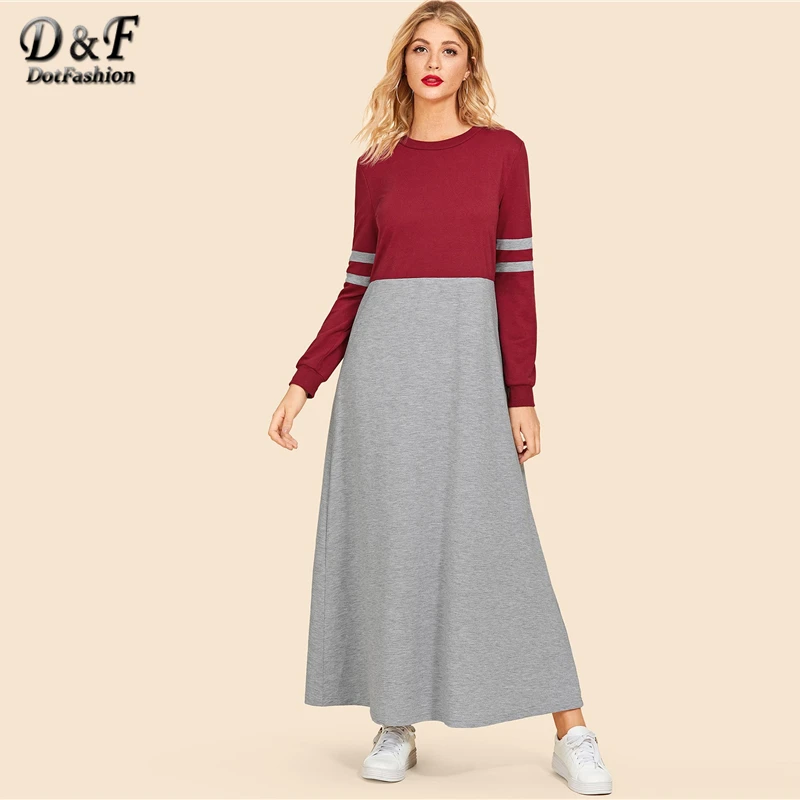 Dotfashion, двухцветное платье, женское, повседневное, весна-осень, длинный рукав, Круглый ворот, одежда для девушек, многоцветное, макси платье