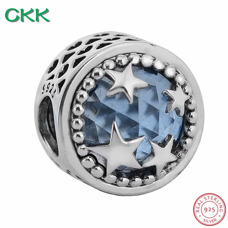 CKK 925 пробы Серебряное сияющее сердце Ослепительная звезда шарик Аква синий