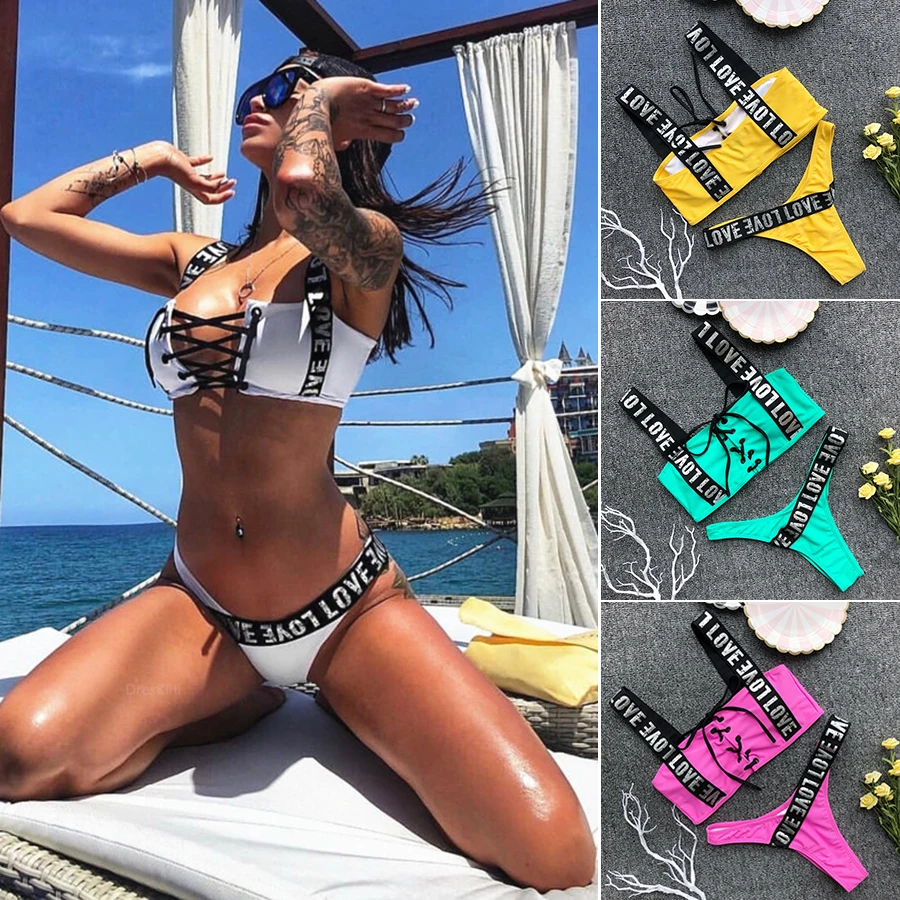 Бикини новинка 2019 женский купальник с широкими лямками и надписью Love Mujer красный