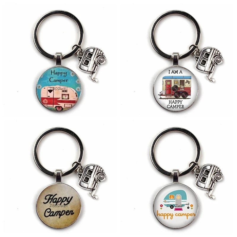 

Happy Camper Cute Travel Car Keychain Glass Men's Cabochon Jewelry Glamping Goddess Traveler Gift Key Chain Pendant I Camp