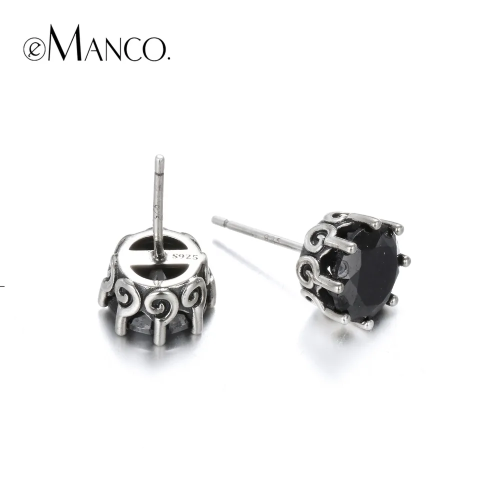 E Manco 925 Серебряная корона серьги гвоздики Циркон Черный Модный Свадебная