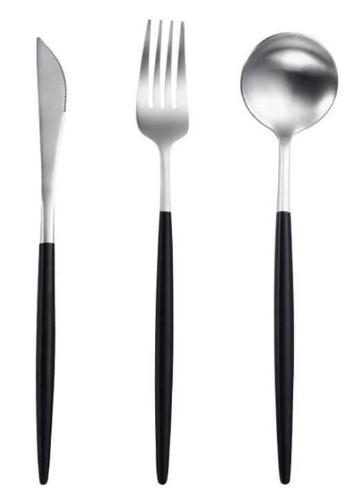 silver 3pcs set Португалия с острым концом Набор столовых приборов черная ручка набор столовых приборов Золото Серебро Цвет Западная посуда вилка, нож, ложка палочки для еды - Цвет: silver 3pcs set