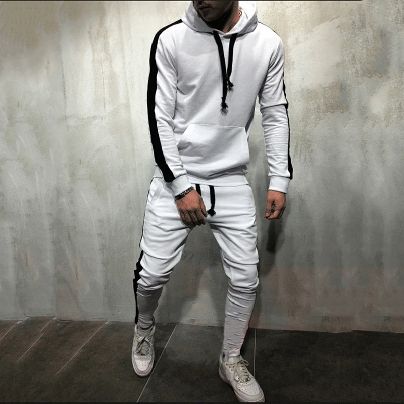 

Tracksuit Men New Brand Autumn Winter Hooded Sweatshirt +Drawstring Pants 2 Pieces Sets Male Stripe Patchwork Hoodies