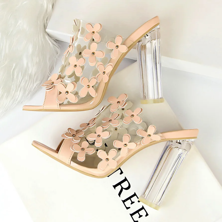 2020 Летняя женская обувь белого и розового цвета прозрачный на высоком квадратном