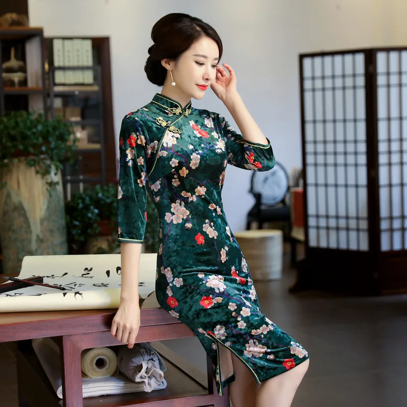 Женское бархатное короткое платье Qipao китайское традиционное винтажное большого