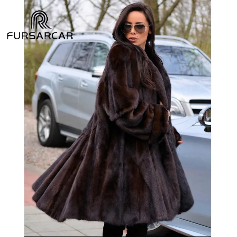 FURSARCAR Новое поступление роскошное натуральное Норковое меховое пальто для женщин с отложным воротником 100 см длинное натуральное Норковое меховое Женское пальто
