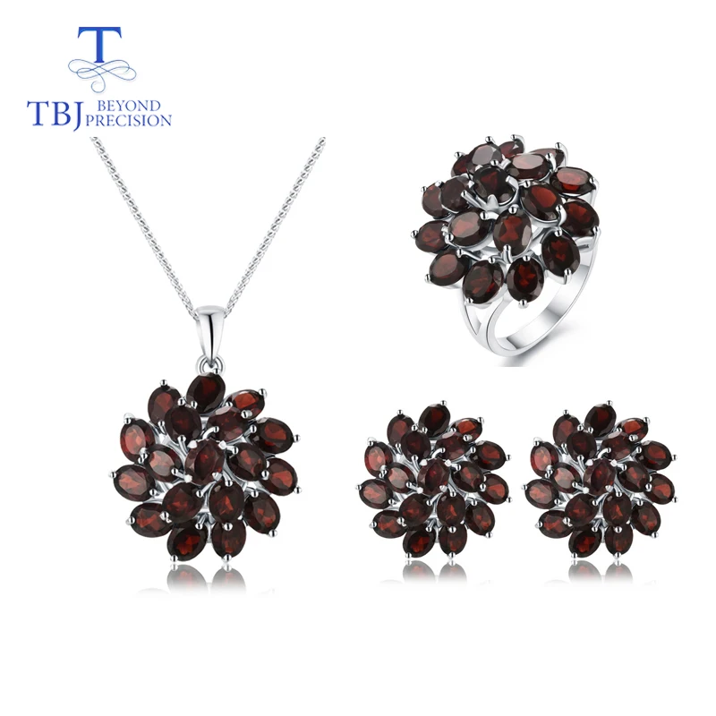 jewelry set TBJ, натуральный ювелирный набор с гранатом Мозамбик, драгоценный камень, серебро 925 пробы, красивая дизайнерская подвеска в виде цветка, серьги и кольцо для женщин - Цвет камня: jewelry set